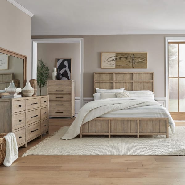 Proximity Place - 4 Piece Bedroom Set (King Panel Bed, Dresser & Mirror, Chest) - Brown
