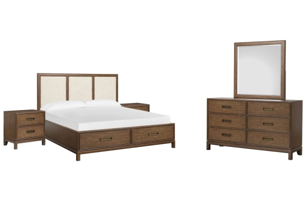 Ridgefield - King Upholstered Panel Storage Bed, 2 Nightstands And Double Drawer Dresser With Landscape Mirror - Russet / Beige