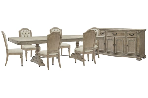Marisol - Extendable Trestle Dining Table With 6 Upholstered Side Chairs And Buffet - Fawn