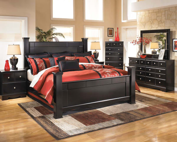 Shay - Almost Black - 6 Pc. - Dresser, Mirror, King Poster Bed