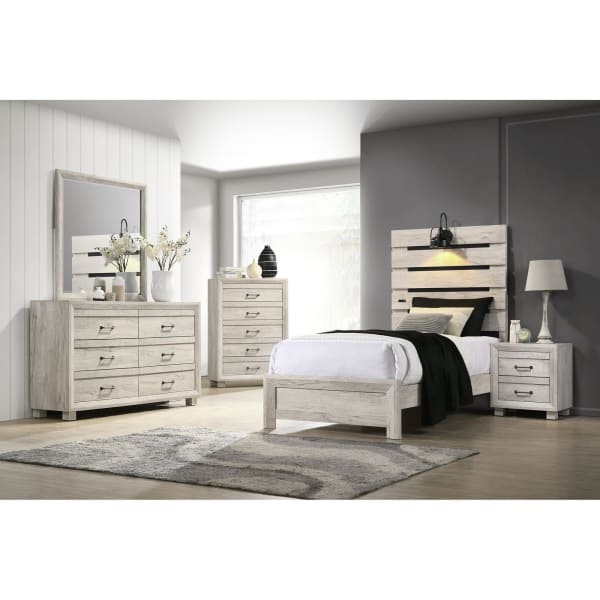 Fort Worth - Twin With Lights & USB 5 Piece Bedroom Set - White