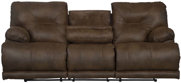 Voyager - Fabric Lay Flat Reclining Sofa With 3 Recliners And Drop Down Table - Elk