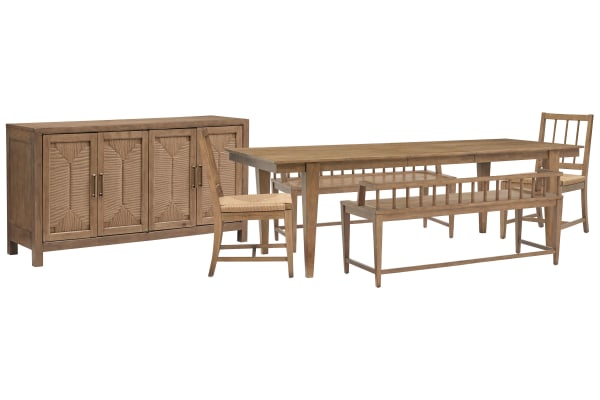 Lindon - Extendable Rectangular Dining Table With 2 Arm Benches, 2 Paper Cord Side Chairs And Buffet - Belgian Wheat