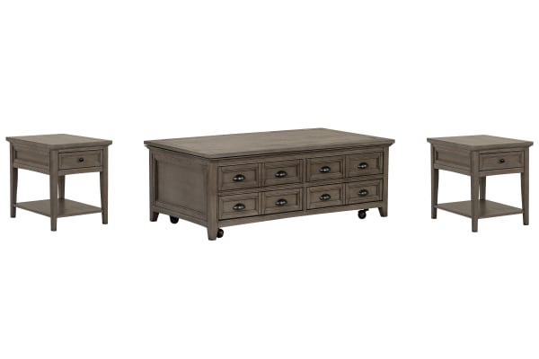 Paxton Place - Lift Top Storage Caster Cocktail Table With 2 End Tables - Dovetail Gray