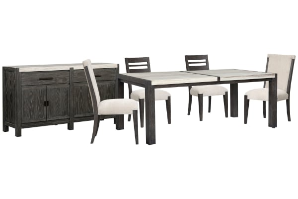 Plum Creek - Rectangular Dining Table With 2 Side Chairs, 2 Upholstered Side Chairs And Sideboard - Ravenwood Black / White