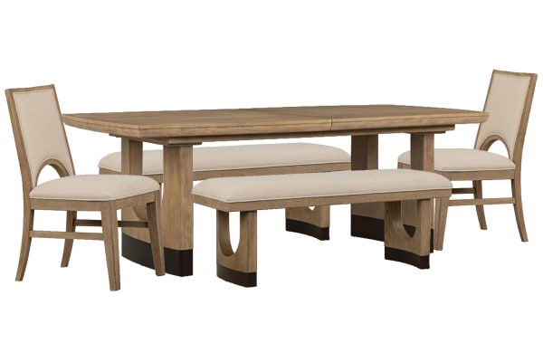 Tristan - Extendable Trestle Dining Table With 2 Benches And 2 Side Chairs - Swiss Coffee / Beige