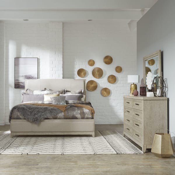 Belmar - 3 Piece Bedroom Set (King Upholstered Bed, Dresser & Mirror) - Washed Taupe