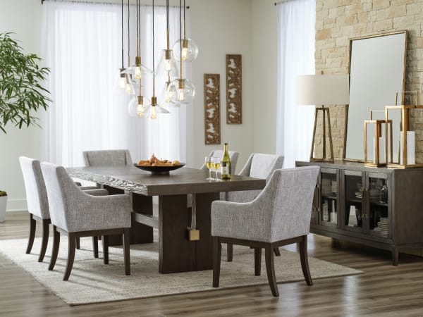 Burkhaus - 8 Pc. - Dining Room Extension Table, 6 Arm Chairs, Server - Dark Brown
