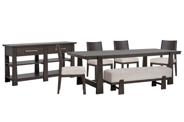 Tauren - Trestle Dining Table With 4 Side Chairs, Bench And Sideboard - Coffee Bean / Beige