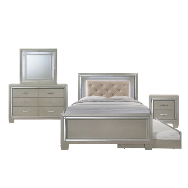 Platinum - Youth Full Platform With Trundle 4 Piece Bedroom Set - Сhampagne