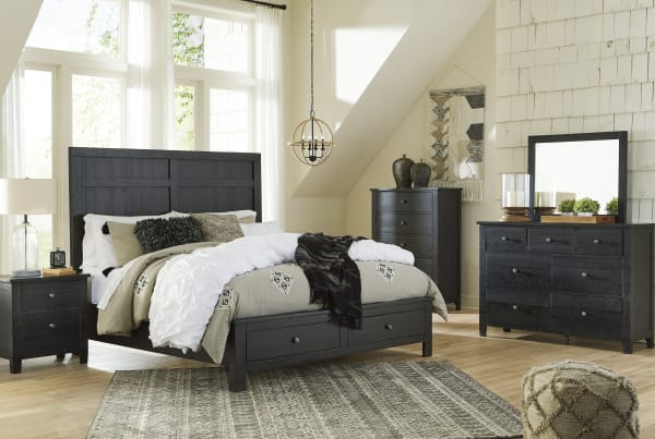 Noorbrook - Black - 7 Pc. - Dresser, Mirror, Chest, King Panel Bed with 2 Storage Drawers, Nightstand
