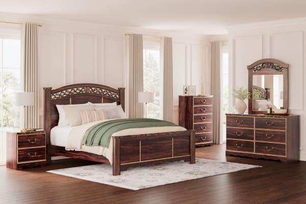 Glosmount - Two-tone - 6 Pc. - Dresser, Mirror, Chest, King Poster Bed