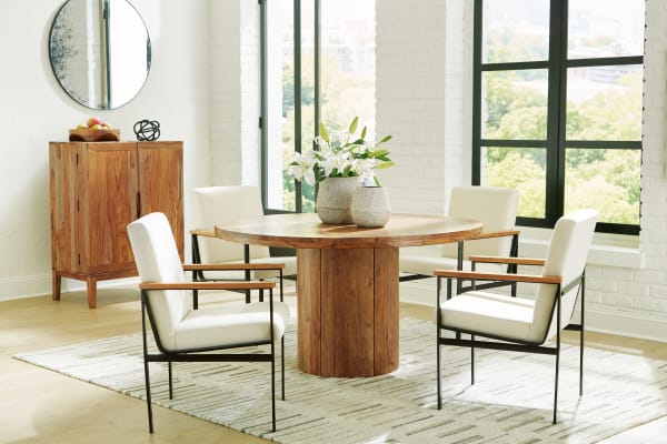 Dressonni - Brown - 6 Pc. - Round Dining Table, 4 Arm Chairs, Bar Cabinet