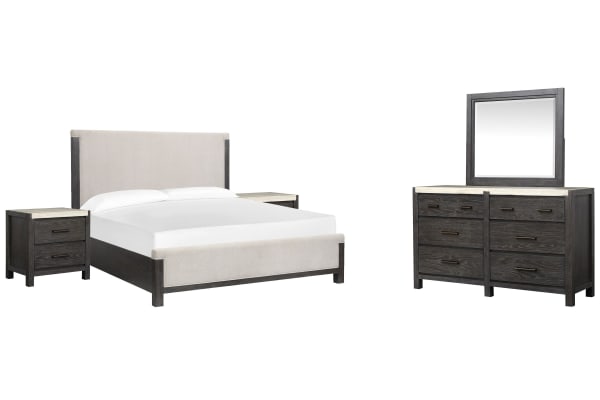 Plum Creek - Queen Upholstered Panel Bed, 2 Nightstands And Drawer Dresser With Landscape Mirror - Ravenwood Black / White