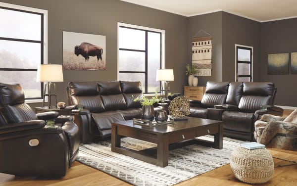 Team Time - Chocolate - 6 Pc. - Power Reclining Sofa with Adjustable Headrest, Power Reclining Loveseat, Power Recliner, Tariland Lift Top Cocktail Table, End Table, Chair Side End Table