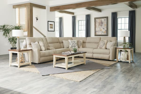 McPherson - 6 Piece Reclining Sectional With 3 Lay-Flat Reclining Seats And Storage Console - Buff