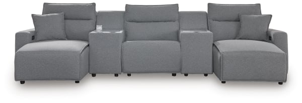 Modmax II - 5-Piece Power Reclining Sectional With Double Chaise, Power Armless Recliner And 2 Consoles - Salt And Pepper
