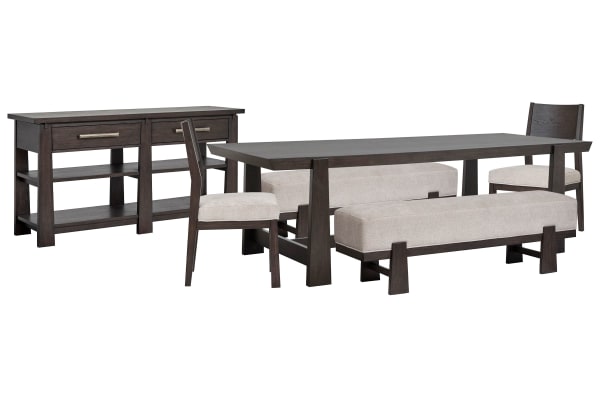 Tauren - Trestle Dining Table With 2 Benches, 2 Side Chairs And Sideboard - Coffee Bean / Beige