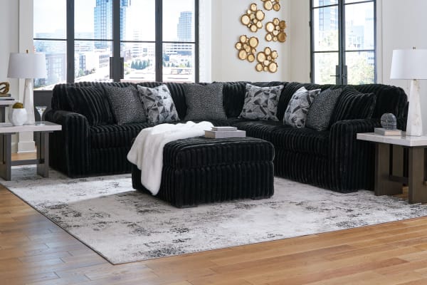 Midnight-Madness - Onyx - 4 Pc. - 3-Piece Sectional, Ottoman