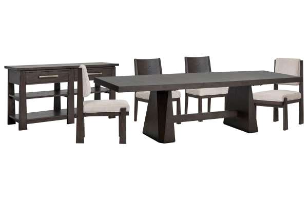 Tauren - Extendable Double Pedestal Dining Table With 2 Side Chairs, 2 Upholstered Side Chairs And Sideboard - Coffee Bean / Beige