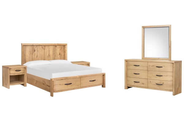 Laramie - King Panel Storage Bed, 2 Open Nightstands And Double Drawer Dresser With Landscape Mirror - Honey Wheat