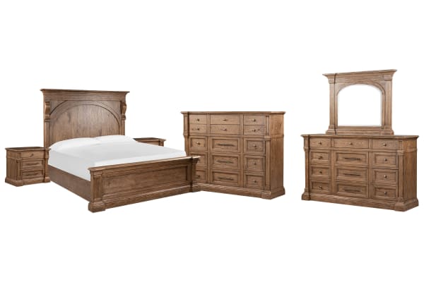 Gallant Grove - Queen Panel Bed, 2 Nightstands, Drawer Dresser With Landscape Mirror And Tall Chest - Brown