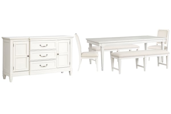 Willowbrook - Extendable Rectangular Dining Table With 2 Upholstered Benches, 2 Upholstered Side Chairs And Buffet - Egg Shell White