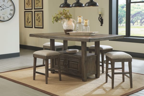 Wyndahl - Rustic Brown - 5 Pc. - Rectangular Counter Table with Storage, 4 Upholstered Stools