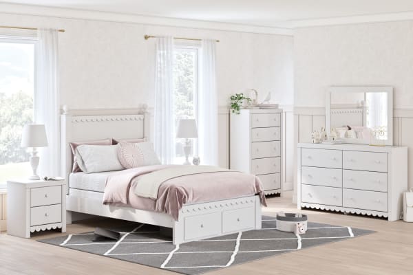 Mollviney - White - 7 Pc. - Dresser, Mirror, Full Panel Storage Bed, 2 Nightstands