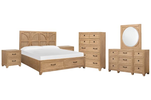Coventry - King Panel Storage Bed, 2 Nightstands, Drawer Dresser With Square Mirror And Drawer Chest - Honey Wheat