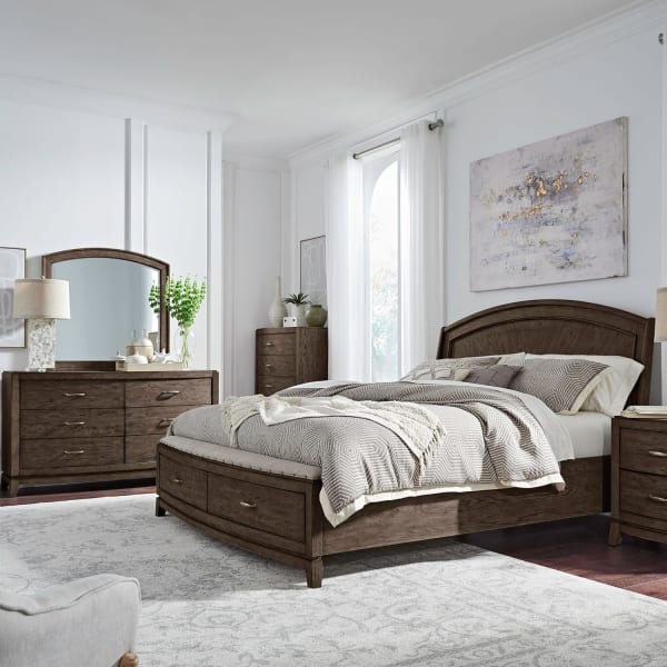 Avalon - 4 Piece Bedroom Set (King Panel Storage Bed, Dresser & Mirror, Chest) - Brown