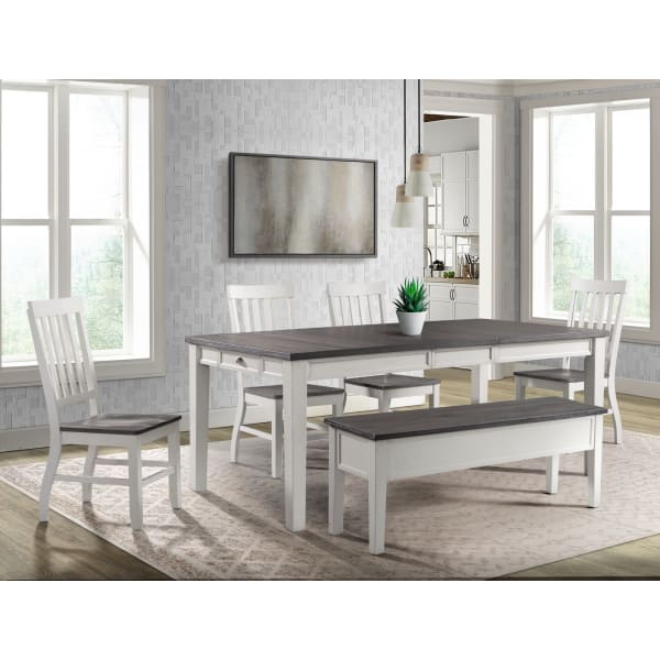 Kayla - Two Tone 6 Piece Standard Height Dining Set, Table, Four Chairs & Bench - Gray / White
