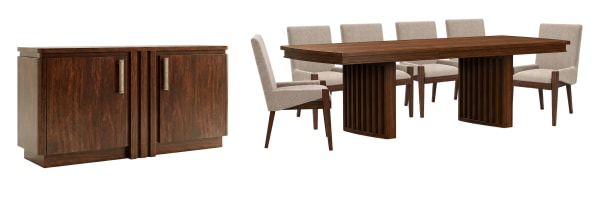Reena - Extendable Trestle Dining Table With 6 Host Chairs And Sideboard - Rich Brown / Beige