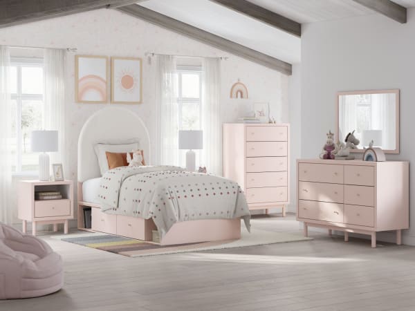 Wistenpine - Blush - 6 Pc. - Dresser, Mirror, Twin Upholstered Panel Bed With Side Storage