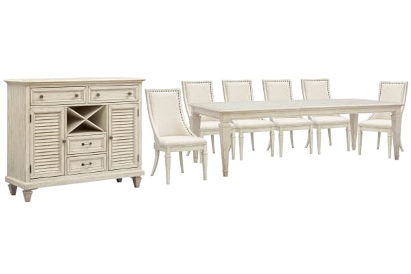 Newport - Extendable Rectangular Dining Table With 6 Arm Chairs And Server - Alabaster
