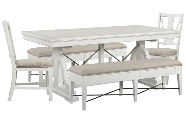Heron Cove - Extendable Trestle Dining Table With 2 Upholstered Benches And 2 Side Chairs - Chalk White And Dovetail Gray