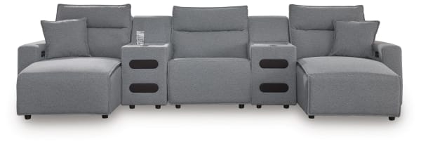 Modmax II - 5-Piece Power Reclining Sectional With Double Chaise, Power Armless Recliner And 2 Audio Consoles - Salt And Pepper