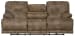 Voyager - Fabric Power Lay Flat Reclining Sofa With 3 Recliners And Drop Down Table - Brandy