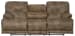 Voyager - Fabric Lay Flat Reclining Sofa With 3 Recliners And Drop Down Table - Brandy