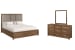 Laurel Ridge - King Upholstered Panel Storage Bed And Drawer Dresser With Portrait Mirror - Brown / Gray
