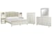 Willowbrook - California King Upholstered Wall Panel Bed, 2 Nightstands, Drawer Dresser With Landscape Mirror And Drawer Chest - Egg Shell White