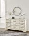 Arlendyne - Antique White - 5 Pc. - Dresser, Mirror, California King Upholstered Bed