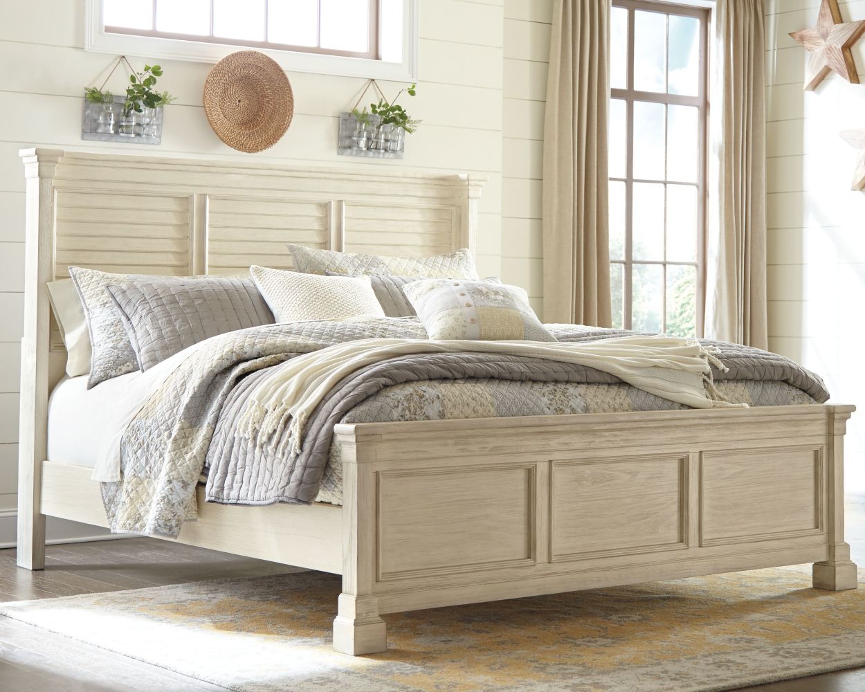 Bolanburg – Antique White / Brown – 8 Pc. – Dresser, Mirror, Chest, Queen Louvered Bed, 2 Nightstands B647/131/36/146/77/54/96/191(2)