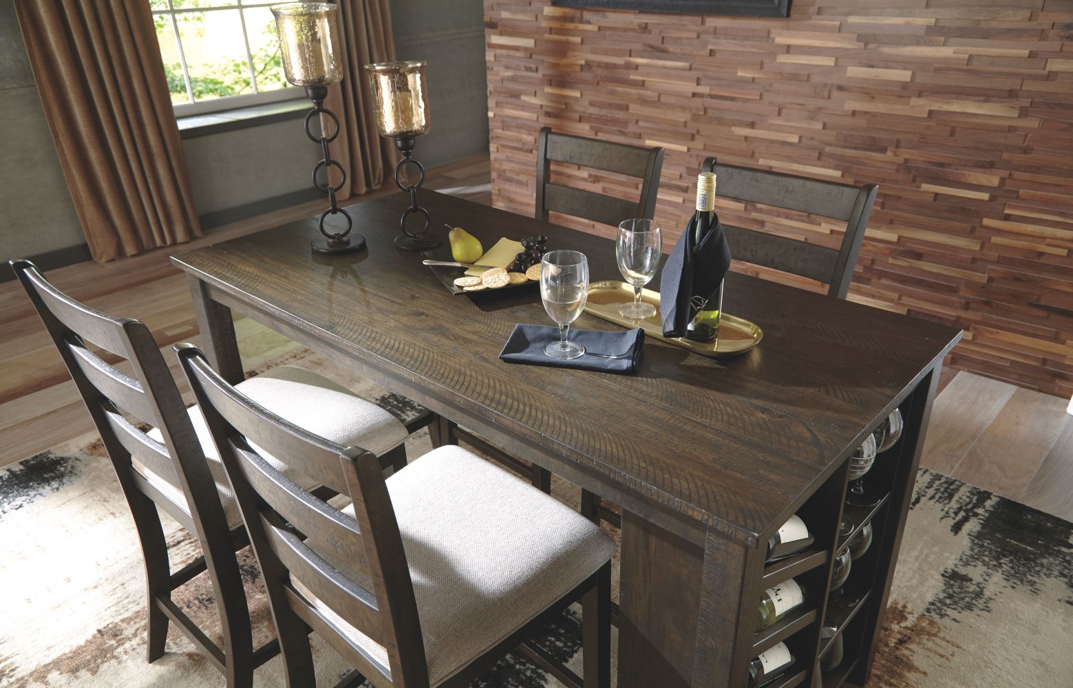 Rokane – Brown – 5 Pc. – Counter Table, 4 Upholstered Barstools D397/32/124(4)