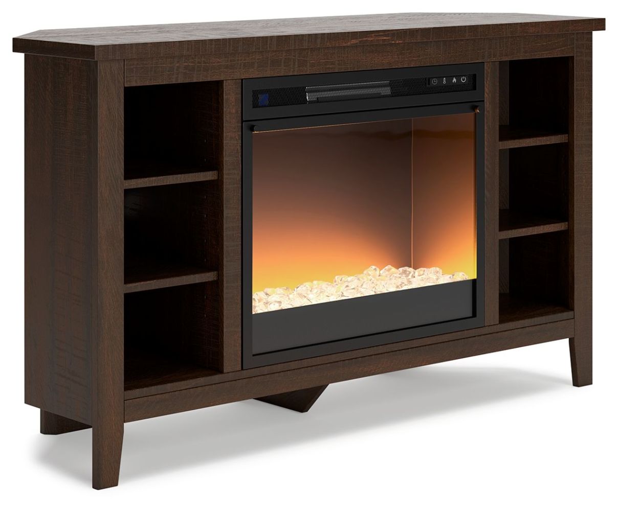 Camiburg - Warm Brown - Corner TV Stand With Fireplace Insert Glass ...
