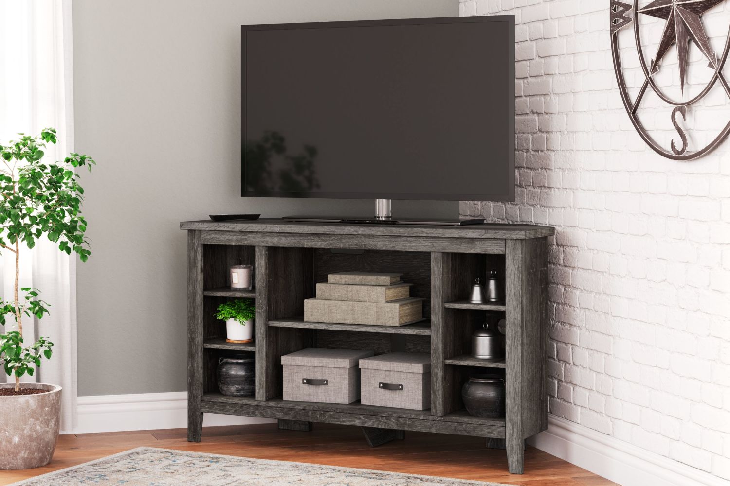 Arlenbry – Gray – Corner TV Stand With Faux Firebrick Fireplace Insert W275/67/W100-101