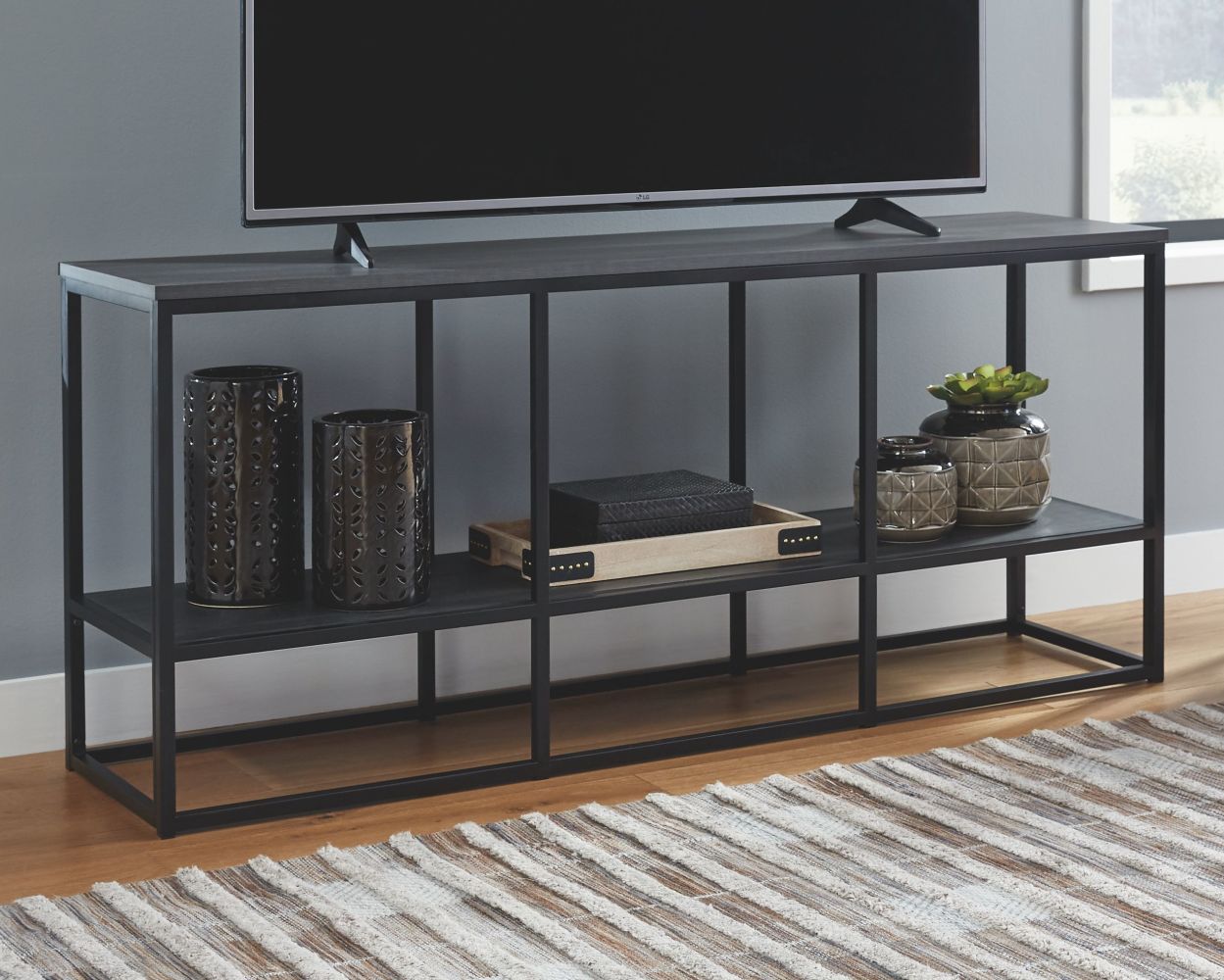 Yarlow – Black – Extra Large TV Stand – Open Shelves W215-10