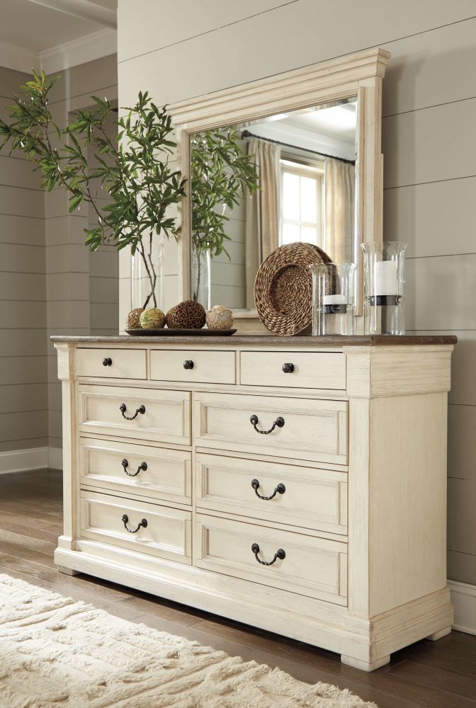 Bolanburg – Antique White / Brown – 8 Pc. – Dresser, Mirror, Chest, Queen Louvered Bed, 2 Nightstands B647/131/36/146/77/54/96/191(2)