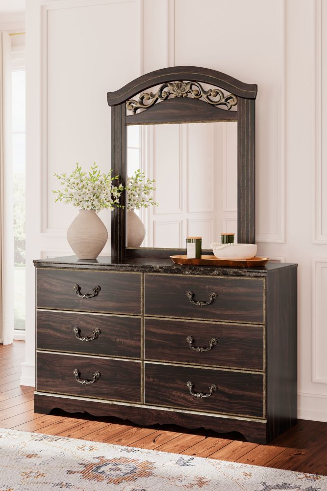 Glosmount – Two-tone- 6 Pc. – Dresser, Mirror, Chest, King Poster Bed B1055/231/36/245/68/66/97