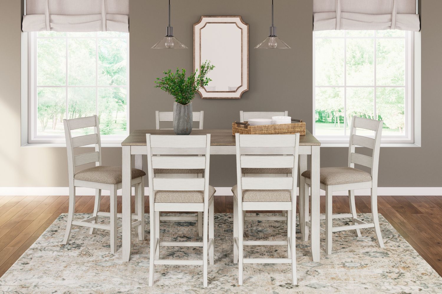 Skempton – White / Light Brown – Counter Height Dining Table And Bar Stools (Set of 7) D394-423